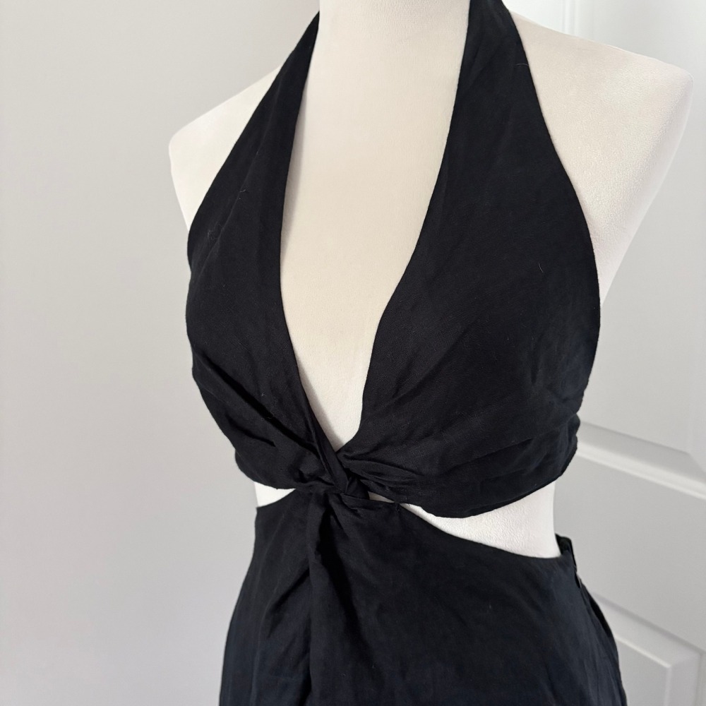 Banana Republic Lisa Midi Dress 100% Linen Small Black Halter Cutout Twist Front - Picture 10 of 15